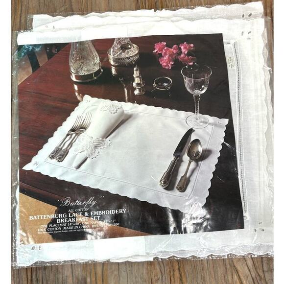 Four Orem Butterfly Battenburg Lace and Embroidery Breakfast Set Vintage NWT - Picture 2 of 7